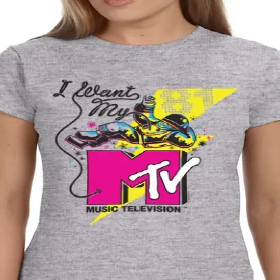 MTV Womens' Music Television I Want My Moonman '80s Crewneck T-Shirt Grey image {1}