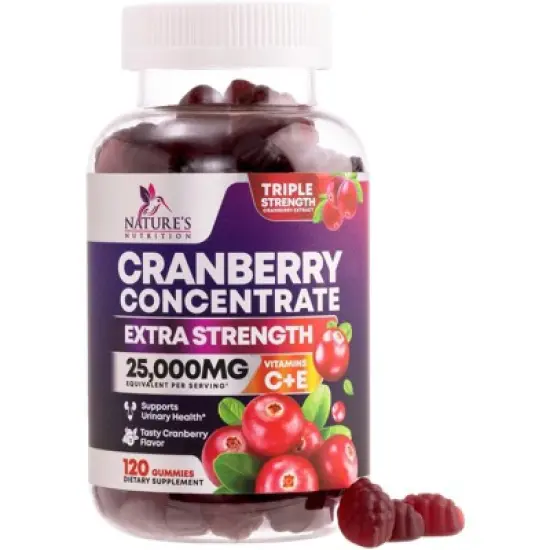 Cranberry Gummies 50:1 Cranberry Extract - Urinary Tract Support Made with 25,000mg, Helps Cleanse & Protect - 120 Gummies By Nature's Nutrition image {9}