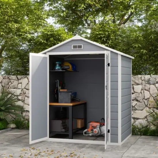 Outsunny Outdoor Storage Shed, 72" x 52.75" Garden Shed with Double Lockable Doors, Vent and Window, Plastic Utility Tool Shed, Gray image {1}