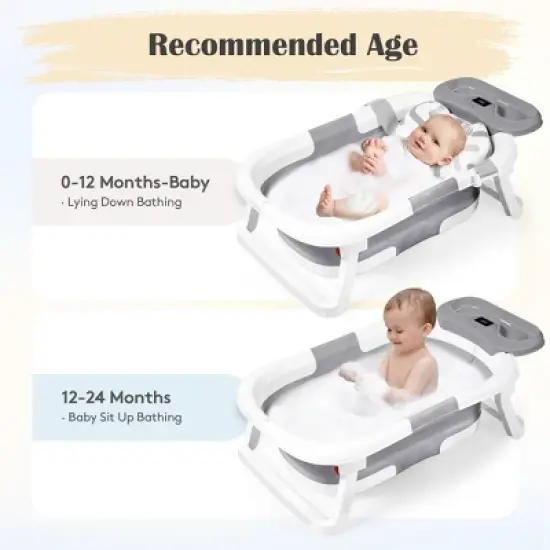 BabyBond Collapsible Baby Bathtub for Infant to Toddler, Portable Baby Bath Tub with Soft Cushion & Thermometer, Gray image {6}
