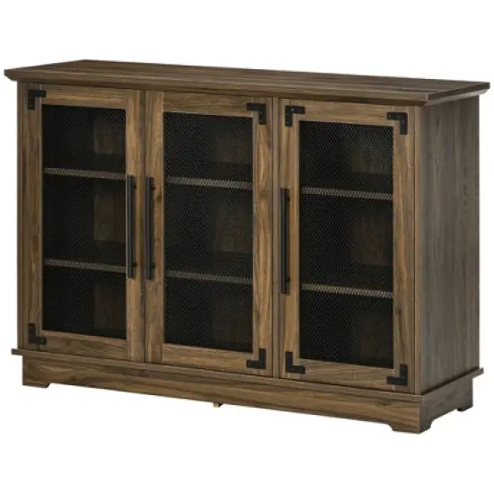 HOMCOM Farmhouse Buffet Cabinet, Sideboard, Kitchen Storage Cabinet with Adjustable Shelves and Wire Mesh Door, Coffee Bar for Living Room, Walnut image {3}