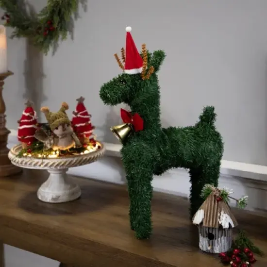 Northlight Reindeer with Santa Hat, Bell and Bow Artificial Pine Christmas Decoration - 16" image {3}