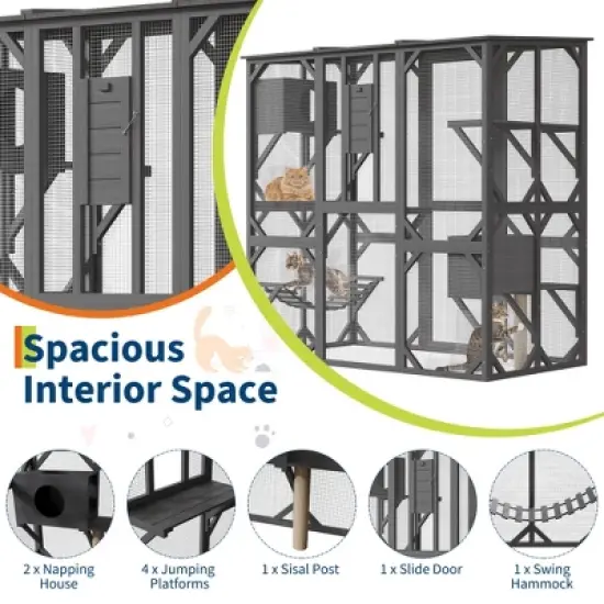70'' Large Wood Outdoor Cat Enclosure with 4 Jumping Platforms & 2 Napping Houses, Swing Hammock, with Waterproof Roof, Sisal Post, Slide Door image {4}