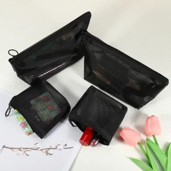 Unique Bargains Nylon Mesh Clear Makeup Bags Black 4 Pcs image {1}