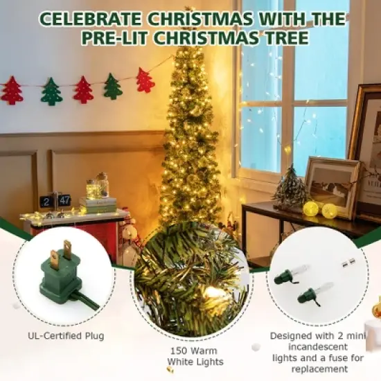 Costway 7ft Pre-lit PVC Artificial & Pine Needles Half Christmas Tree w/ 450 Branch Tips & 150 Lights image {6}