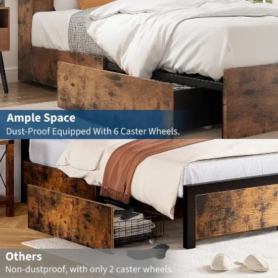 Bed Frame with 4 Storage Drawers and High Storage Bookcase Headboard, Built in Charging Station,No Box Spring Needed, Noise-Free, Easy Assembly image {7}