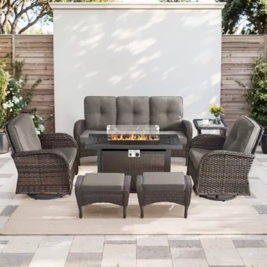 Buenhomino 7PCS Patio Conversation Set Brown Wicker Swivel Patio Chair Sofa Ottoman Set with Side Table and Fire Table PE Rattan Furniture Set image {15}