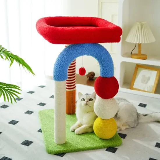 Fairyland&trade; - Colorful U-Shaped Cat Climbing Tower &ndash; Multi-Level Sisal Scratching Post with Teasing Ball & Massage Column for Large and Small Cats image {1}