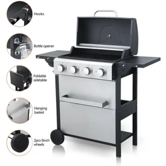 4-Burner Propane Gas BBQ Grill with Wire Enamel Grids, Foldable Side Table, Stainless Steel Hanging Baskets, Bottle Opener, 34,200 BTU Outdoor BBQ image {1}