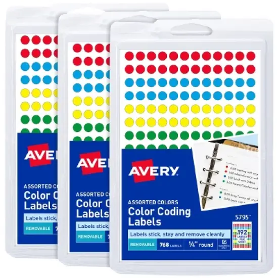 Avery Color-Coding Removable Labels, 1/4 Inch Round Labels, Assorted Colors, Non-Printable, 3 Packs, 2,304 Dot Stickers Total (5641) image {8}