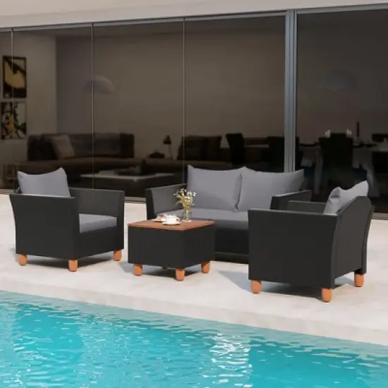 Tangkula 4 PCS Wicker Patio Furniture Set w/ Removable Cushions Storage Coffee Table image {3}