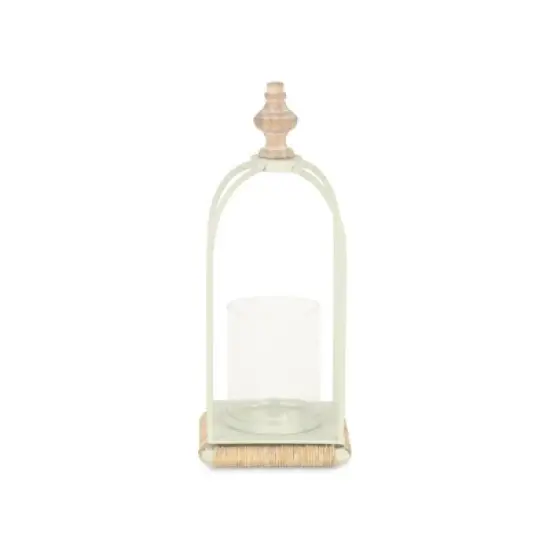 HomeRoots 14" White Metal With Wood And Rope Tabletop Lantern Candle Holder image {4}