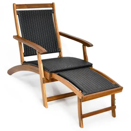 Costway  Patio Folding Rattan Lounge Chair Wooden Frame W/ Retractable Footrest image {1}
