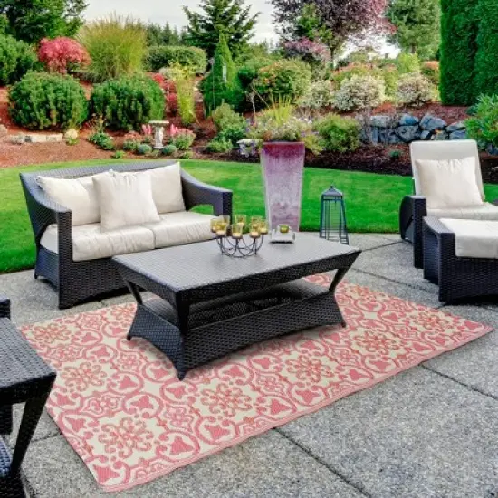 Northlight 4' x 6' Pink and Cream Floral Design Rectangular Outdoor Area Rug image {1}