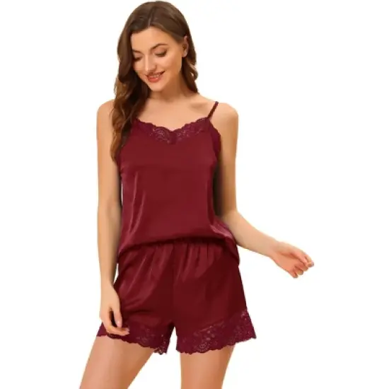 Allegra K Women's Satin Lace Trim Cami Tops with Shorts Lounge Pajama Set image {9}