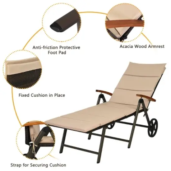 Tangkula Outdoor Rattan Wicker Lounge Chair Folding Patio Chaise w/ Wheels & Cushion image {5}