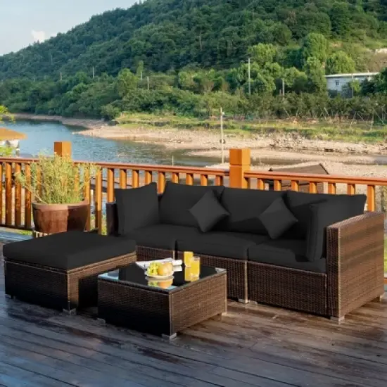 Costway 5PCS Outdoor Patio Rattan Furniture Set Sectional Conversation Turquoise\Navy\Black Cushion image {12}
