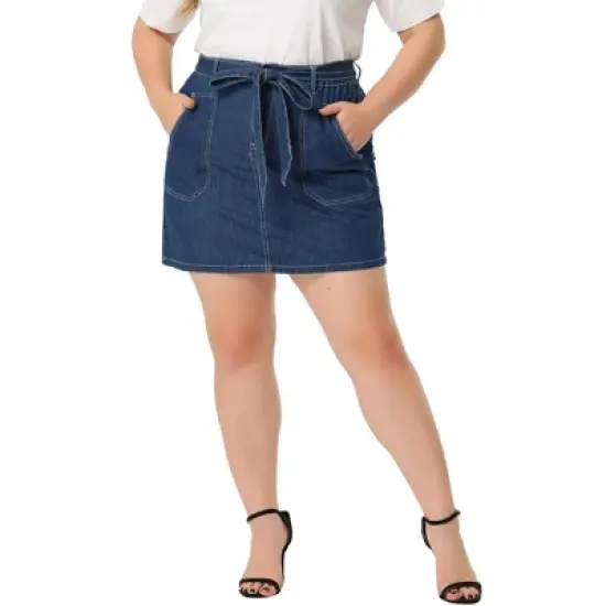 Agnes Orinda Women's Plus Size Denim Detachable Tie Button Front Mini Skirts with Pocket image {5}