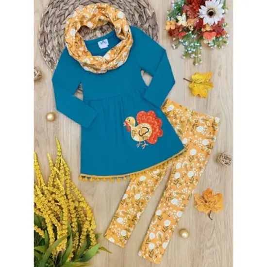 Girls Turkey Season Pom Pom Tunic, Leggings & Scarf Set - Mia Belle Girls image {5}