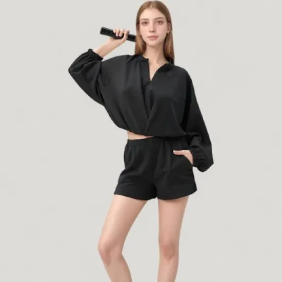 Anna-Kaci Active Women's Long Sleeve Woven Lounge Top with Half Zip Front, Elastic Hem, and Relaxed Draped Fit image {2}