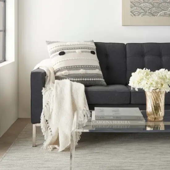 20"x20" Oversize Ribbed Square Throw Pillow with Pom-Poms Black/Ivory - Mina Victory image {3}