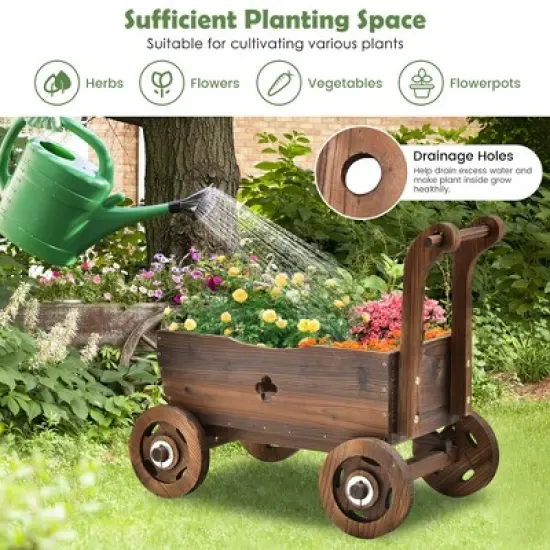 Decorative Wagon Cart Plant Flower Pot Stand Wooden Raised Garden Planter Box image {4}