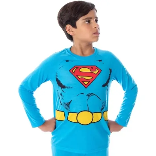 DC Comics Boys' Superman Costume Raglan Shirt And Pants Pajama Set with Cape Classic Superman image {1}