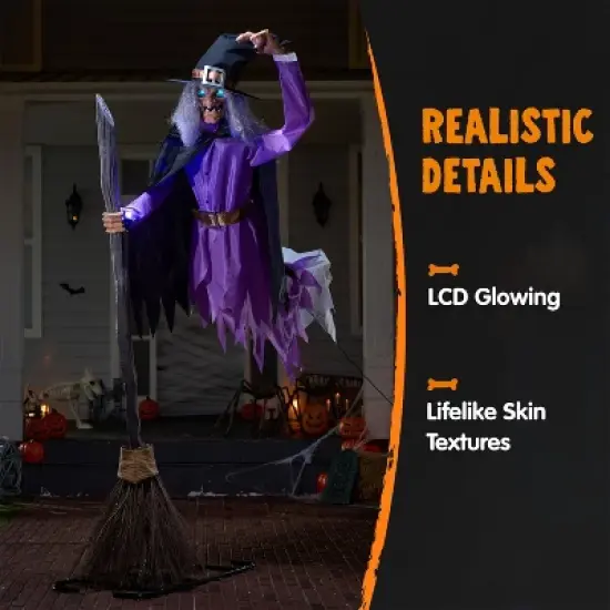 Joyfy 96'' Halloween Outdoor Decorations, Animated Flying Witch on Broom with Light Eyes and Scary Voice for Outside Yard Lawn Haunted House Decor image {3}