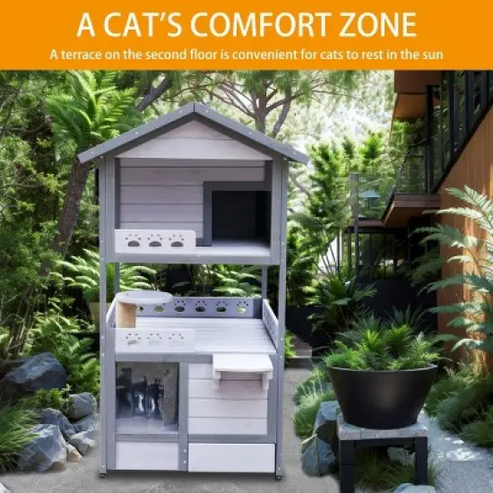 42" Three Story Outdoor Cat House with Balcony Large Cat Shelter Weatherproof Outside Cat House with Drawer & Pvc Door -The Pop Home image {3}
