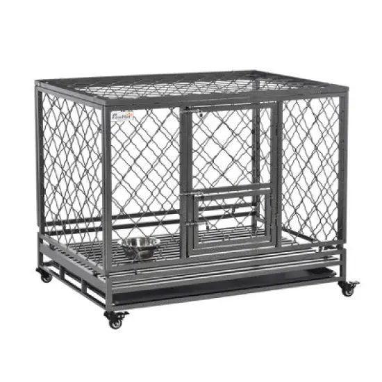 PawHut Heavy Duty Dog Cage Metal Kennel and Crate Dog Playpen with Lockable Wheels, Slide-out Tray, Food Bowl and Double Doors image {7}