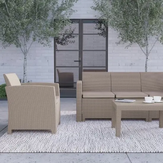 Merrick Lane 4 Piece Faux Rattan Patio Furniture Set with 2 Chairs and Sofa with Removable Beige Cushions and Table image {2}