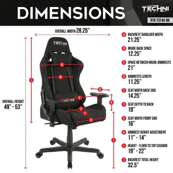 Fabric Ergonomic High Back Racer Style Video Gaming Chair Black - Techni Sport image {6}