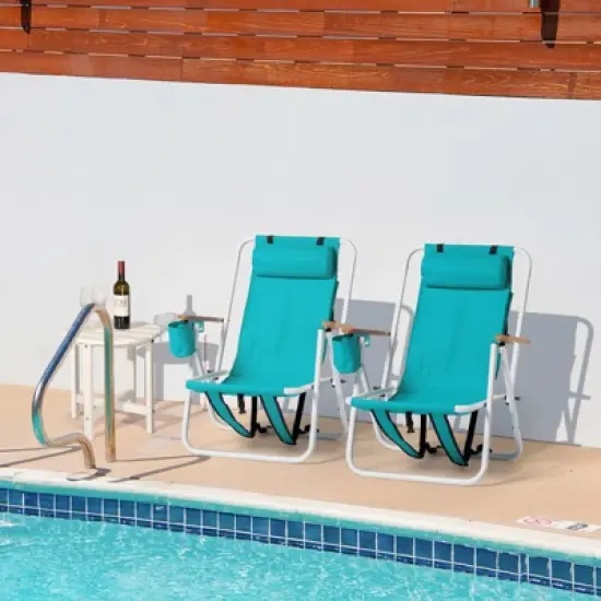 DOMETOUR Folding Beach Chair Set of 2 for Adults, 4 Position Portable Backpack Foldable Camping Chair with Headrest Cup Holder and Wooden Armrests image {6}