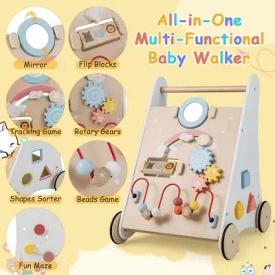 Wooden Baby Push and Pull Sit-to-Stand Learning Walker with Mirror Shape Sorter for 1+ Year Old image {6}