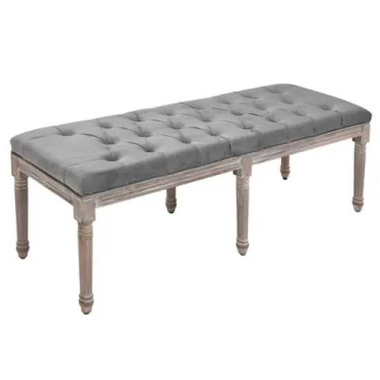 HOMCOM Sitting Bench Tufted Upholstered Fabric Ottoman with Rubberwood Legs for Living Room, Bedroom, Hallway, Grey image {5}