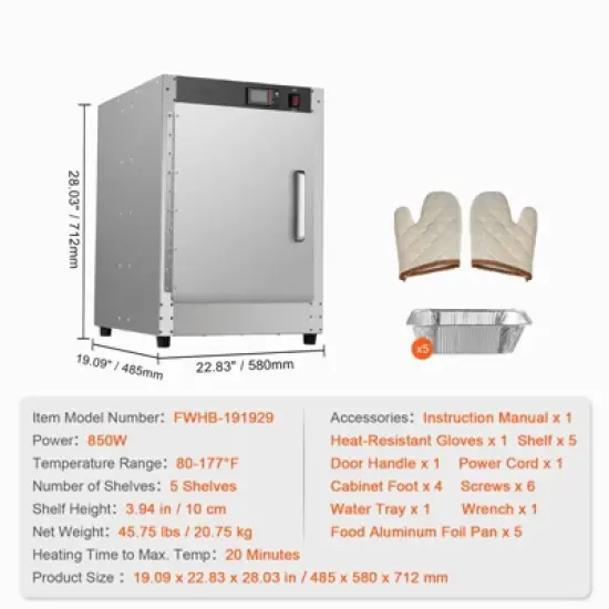 VEVOR Hot Box Food Warmer, 5-Tier Concession Warmer with Water Tray, 5 Pans, Single-door and Adjustable Shelves, Stainless Steel Food Warmer Cabinet image {7}