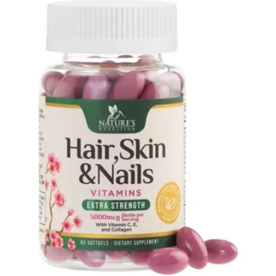 Hair Vitamins Women 5000mcg - Biotin, Collagen & PABA, Womens Hair Growth, Skin, Nails & Keratin Support - 60 Softgels By Nature's Nutrition image {9}