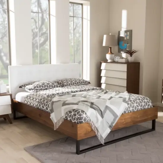 King Mitchell Rustic Industrial Walnut Wood and Faux Leather Metal Platform Bed White - Baxton Studio image {7}
