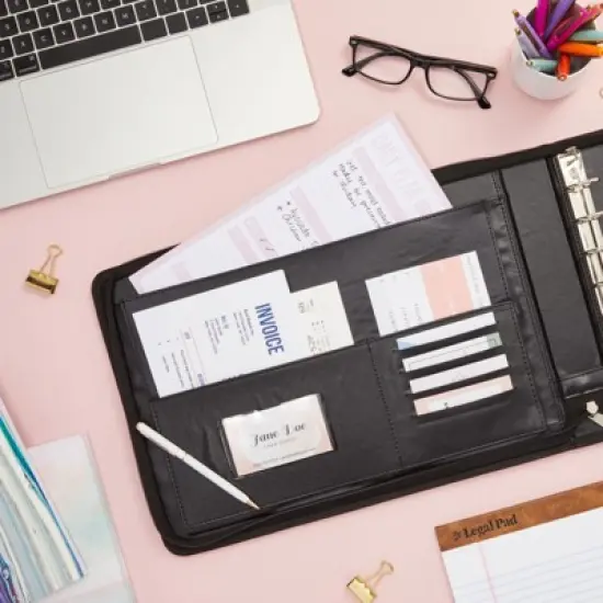 Juvale Rose Gold 7 Ring Business Checkbook Binder with Zipper for Checks, PU Leather, 15 x 11 x 2 In image {2}