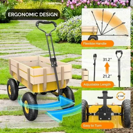 VINGLI Wagon Cart, Steel Frame and Wood Coated Railing, 330lbs All Terrain Wagon 9.2in Solid Tires for Kids Garden and Outdoor (Yellow) image {1}