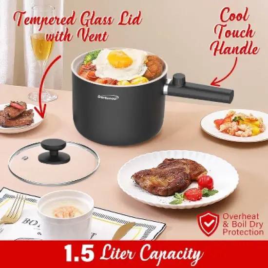 Brentwood 600-Watt 1.6-Qt. Multifunction Electric Hot Pot Cooker with Ceramic Non-Stick Ceramic Coating and Stainless-Steel Food Steamer, Black image {5}