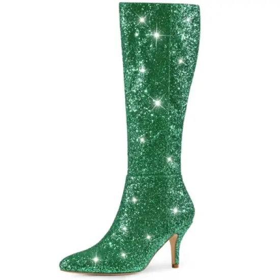 Allegra K Women's Pointy Toe Sparkle Glitter Stiletto Heel Knee High Boots image {8}