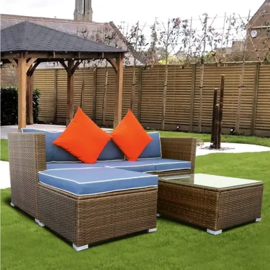 3pc Wicker Patio Sectional Seating Set with Cushions - Brown/Blue - GODEER image {1}