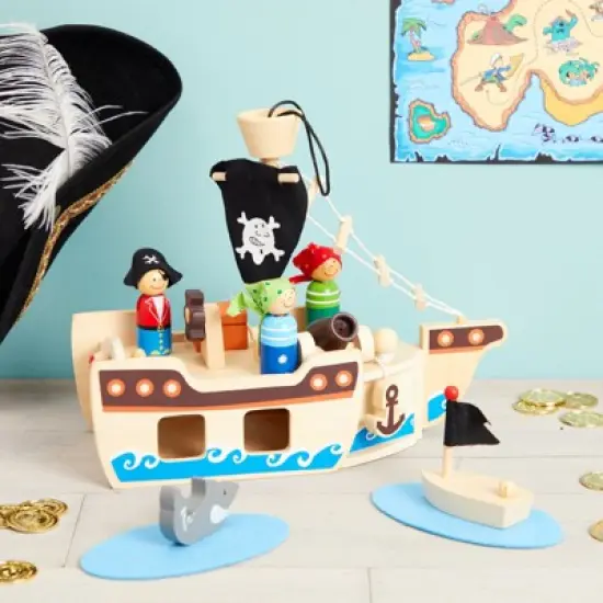 11-Pcs Blue Panda Kids Pirate Ship Set, Wooden Toy Boat with Accessories for Boys and Girls, Kids Ages 3 and Up, Pirate Playset Pack with Figurines image {2}