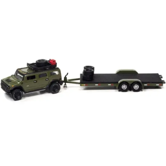 2004 Hummer H2 Medium Sage Green w/Open Trailer Ltd Ed to 6012 pcs "Truck & Trailer" 1/64 Diecast Model Car by Johnny Lightning image {1}