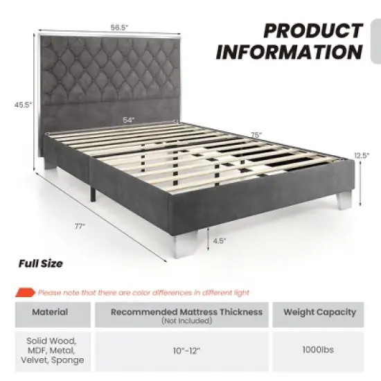 Costway  Upholstered Bed Mattress Foundation with Button Tufted Velvet Headboard image {2}