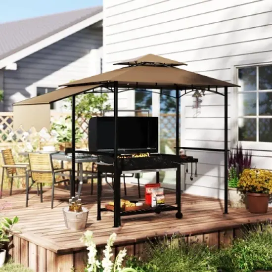 Outsunny 8' x 5' Grill Gazebo, Double Tiered Outdoor BBQ Gazebo with Side Awning, 2 Side Shelves and 6 Hooks for Patio, Deck, Yard, Brown image {4}