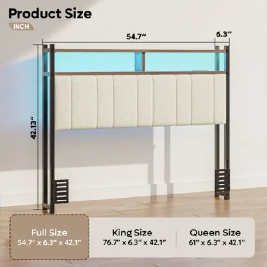 Pinmoco Full/Queen/King LED Headboard, Linen Upholstered Storage Headboard with Charging Station image {4}