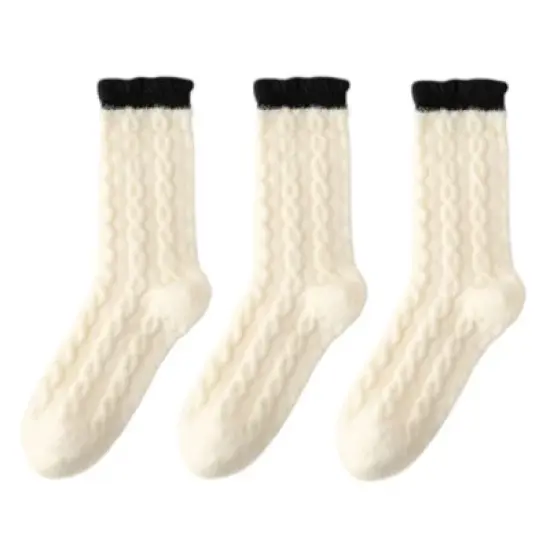 Anna-Kaci Women's 3 - Pack Cable Knit Crew Socks with Soft Comfortable Fabric and Contrast Cuff Detail image {7}