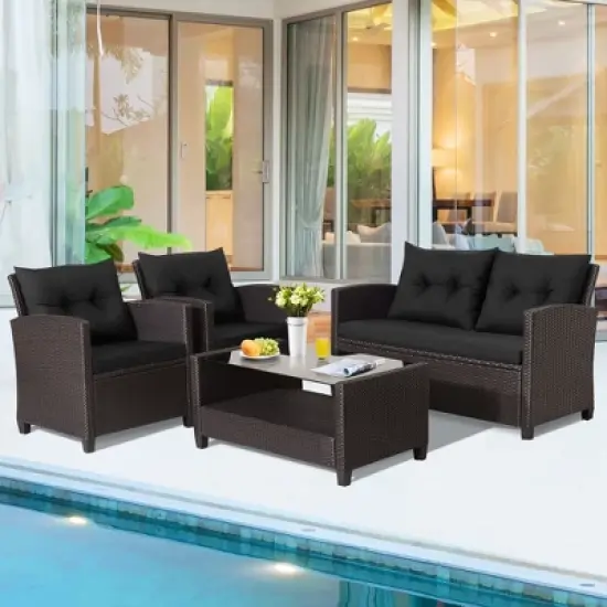 Tangkula 8PCS Outdoor Conversation Set Patio PE Rattan Set w/ Glass Table & Sofa Cushions image {2}